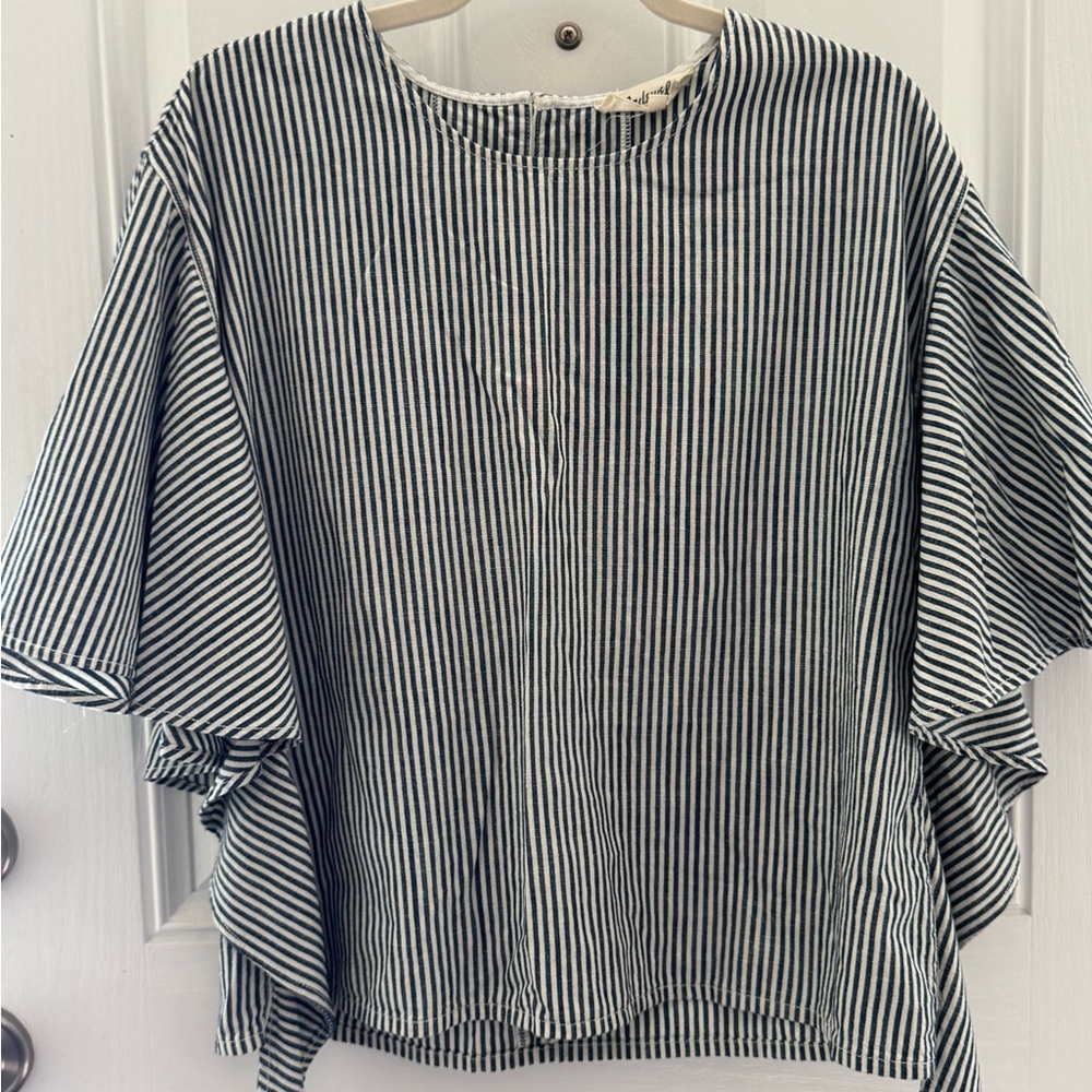 Madewell Navy and Off-White Striped Top with Ruffle Sleeves